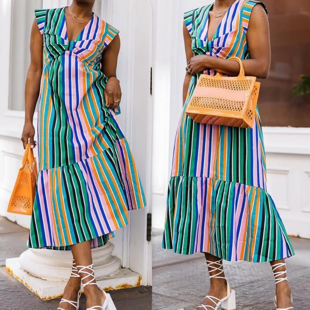 Scoop Front Tie Multi-Color Striped Midi Dress Pink Green Small